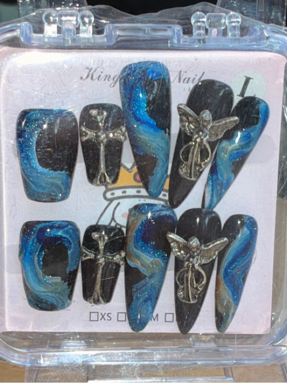 NWT Dark Gothic Blue Marble Press On Nails 3D Silver Cross Angel Charms Size L